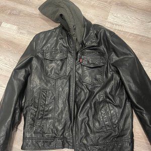 Levi's Faux Leather Trucker Jacket Black Sherpa-Lined Men's Sz MED Hood Pockets